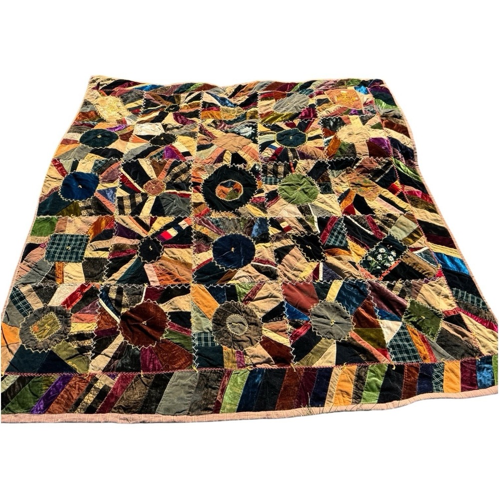 Antique Victorian Crazy Quilt Velvet Silk Hand Stitched Painted 77x71 c1885